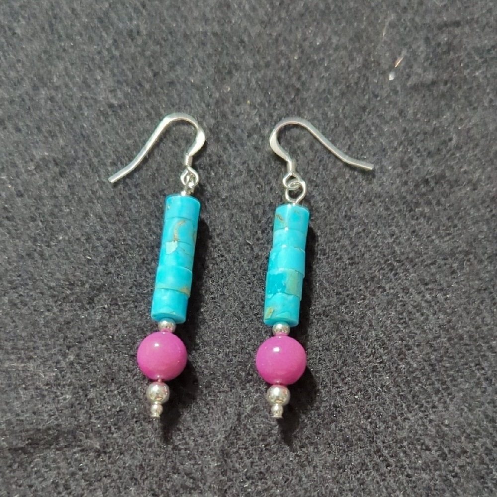 Sterling Silver Blue Kingman Turquoise Purple Phosphosiderite Beaded Earrings
